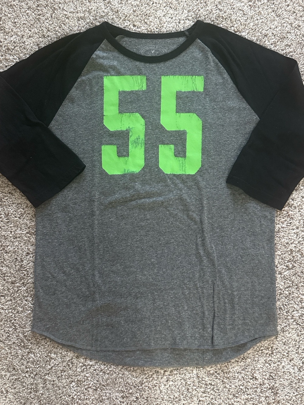 American Eagle Outfitters Gray and Black Raglan Tee with Neon Green '55' Graphic